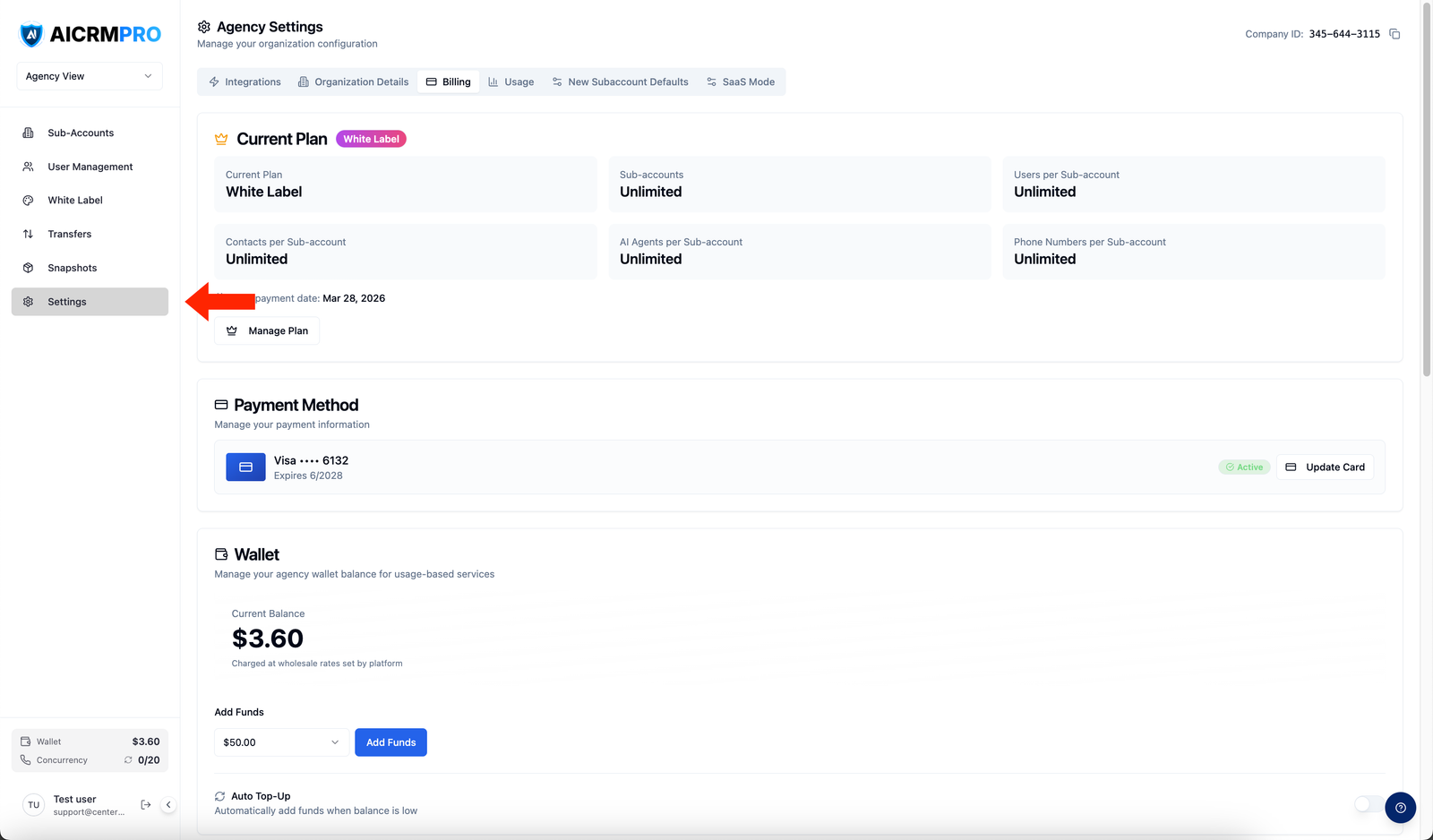 Agency Settings with Billing tab
