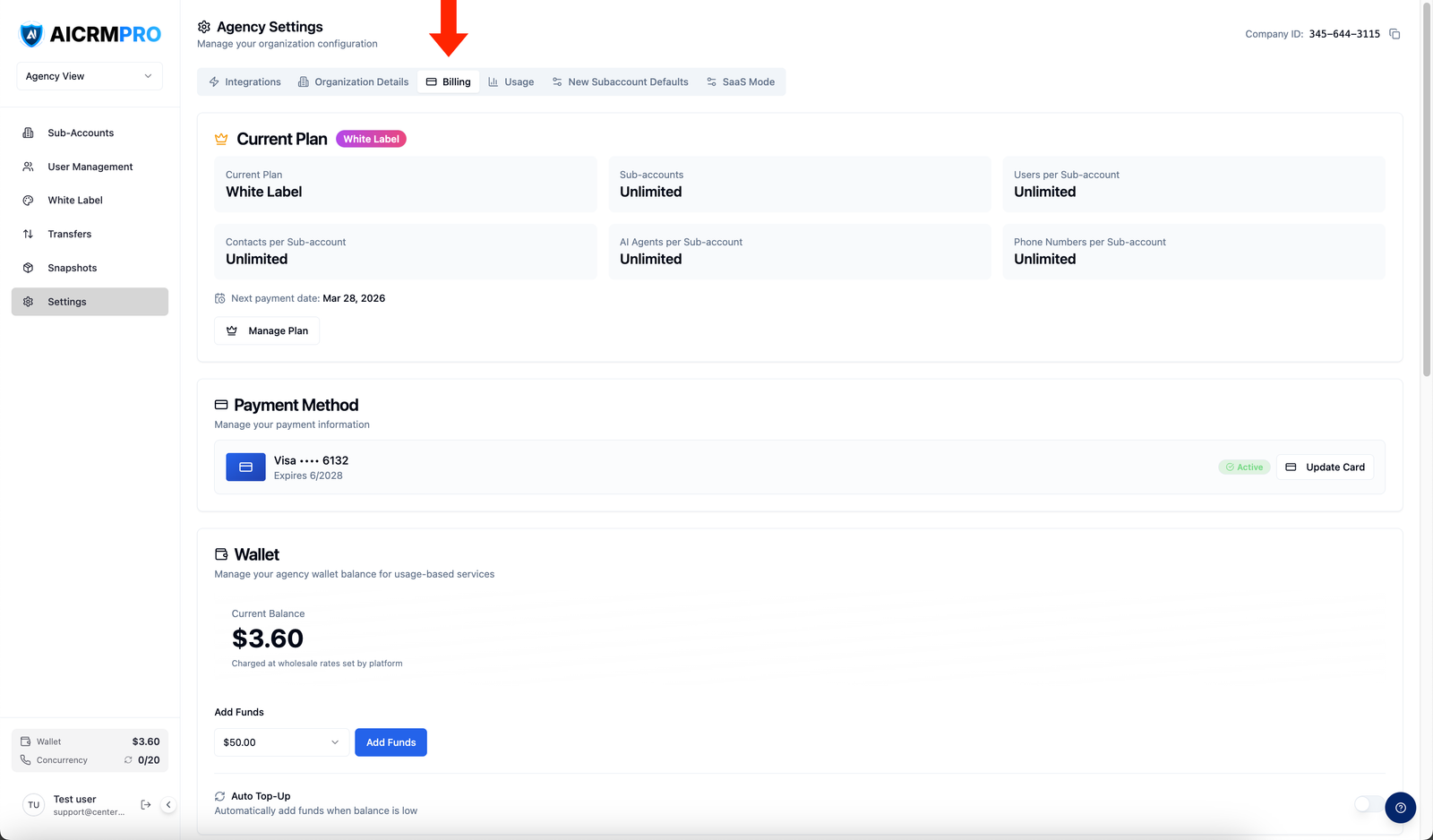 Billing tab showing plan and wallet