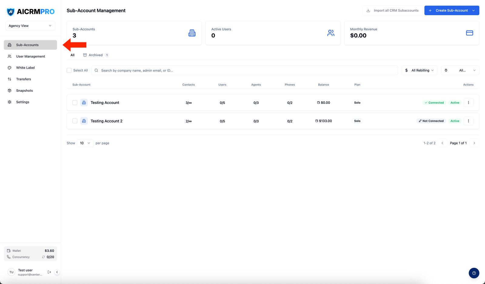 Sidebar with Sub-Accounts highlighted