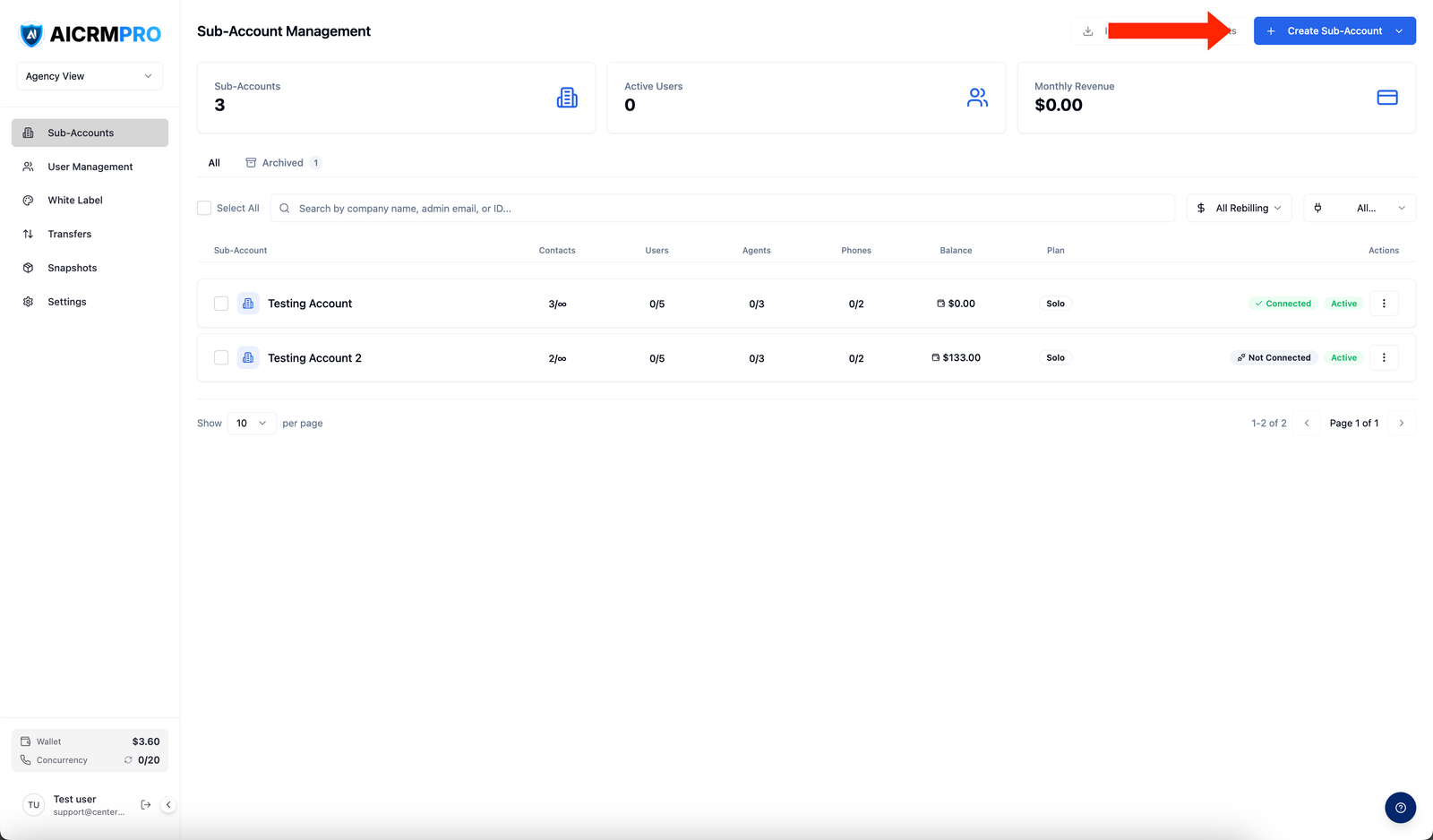 Create Sub-Account button
