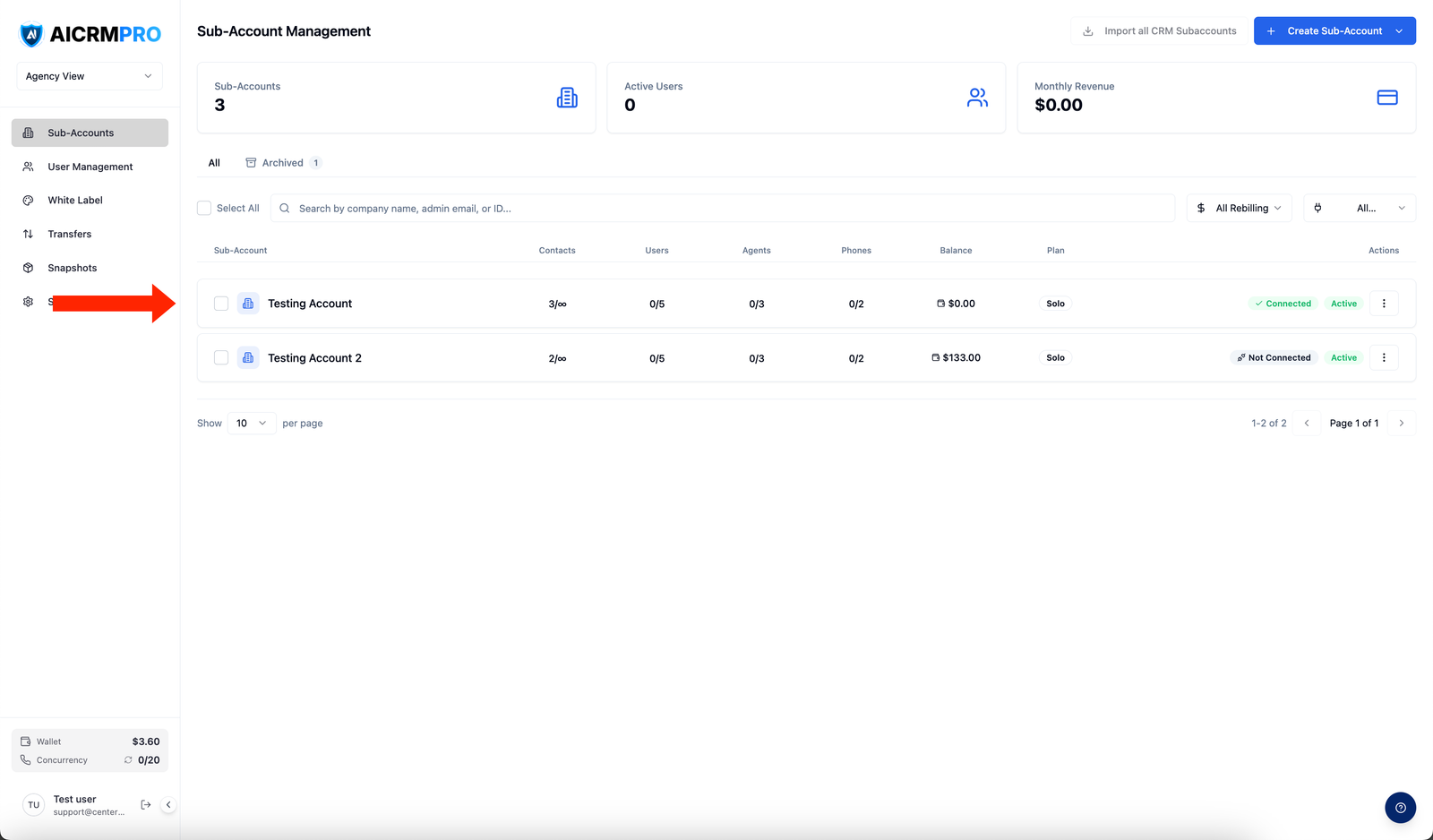 Account row in the sub-accounts table