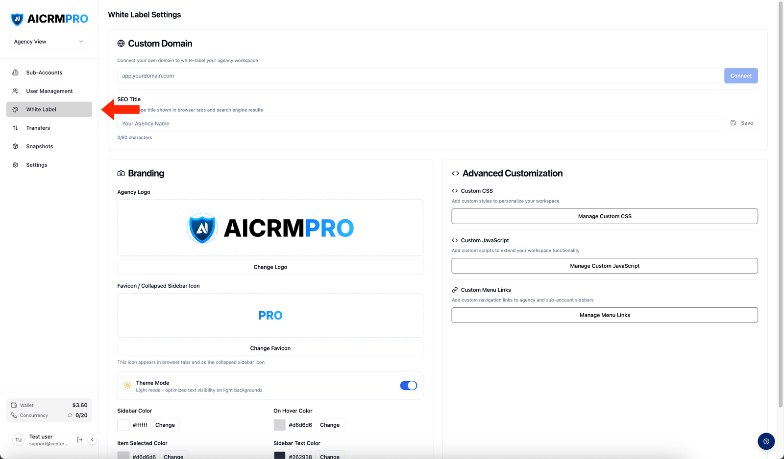 Sidebar navigation with White Label selected