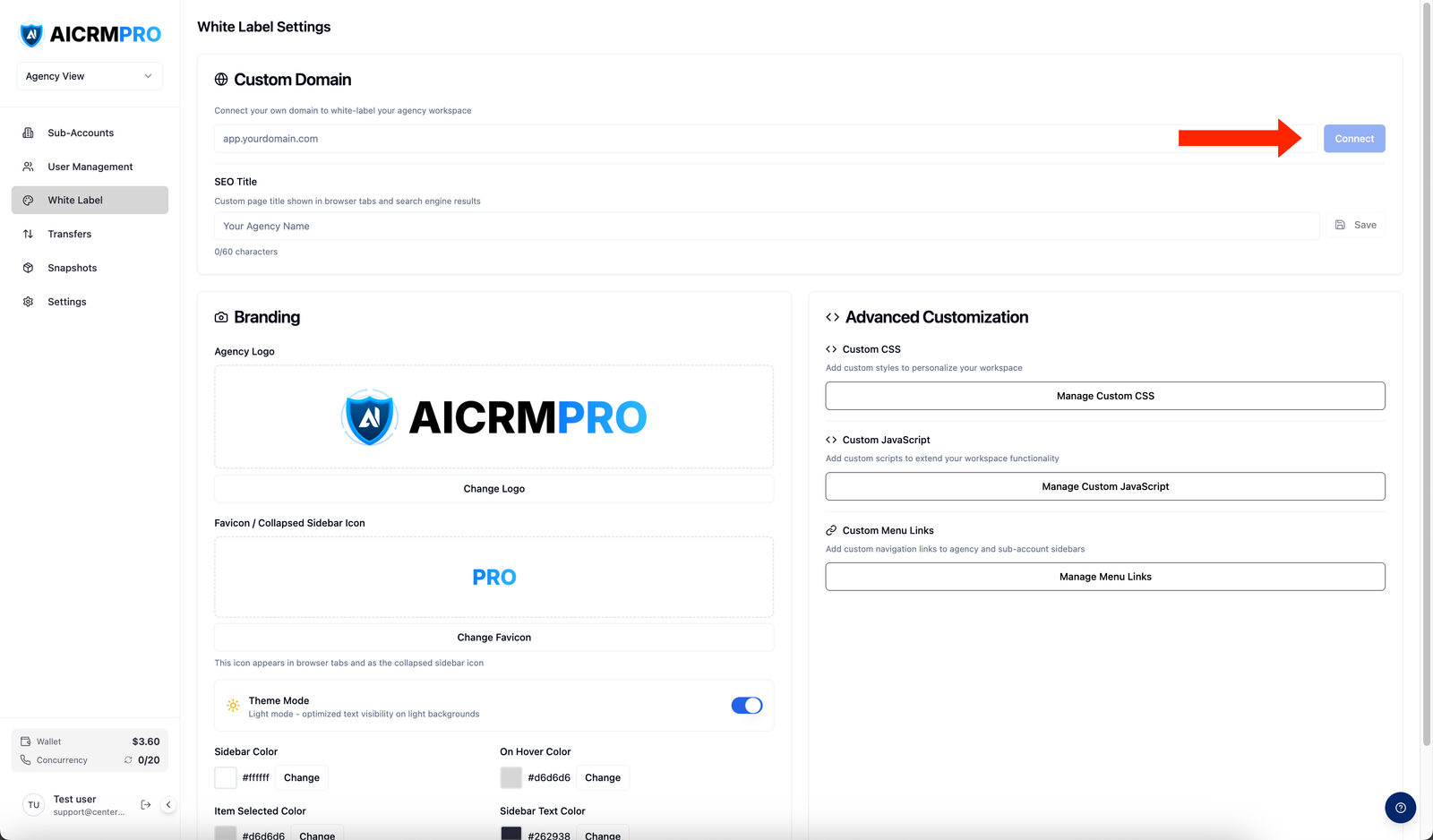 Custom domain input field and Connect button
