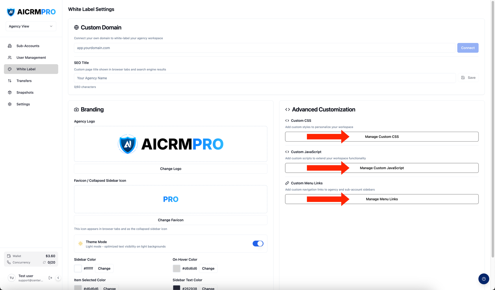Advanced Customization card with Manage CSS, JS, and Menu Links buttons