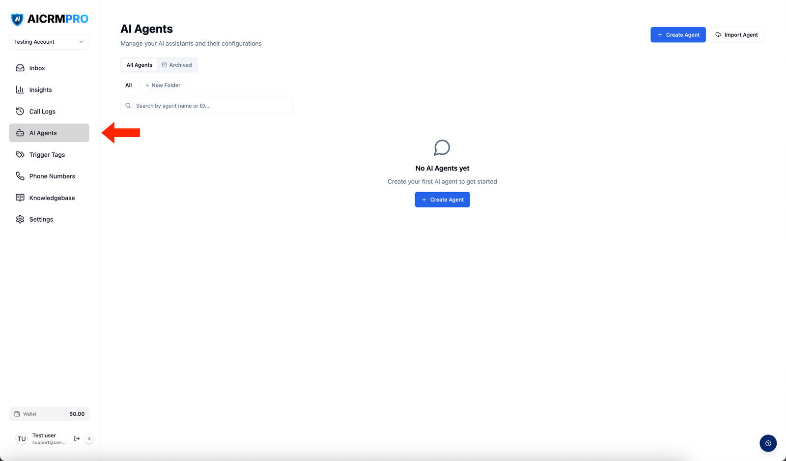 Sidebar with AI Agents highlighted