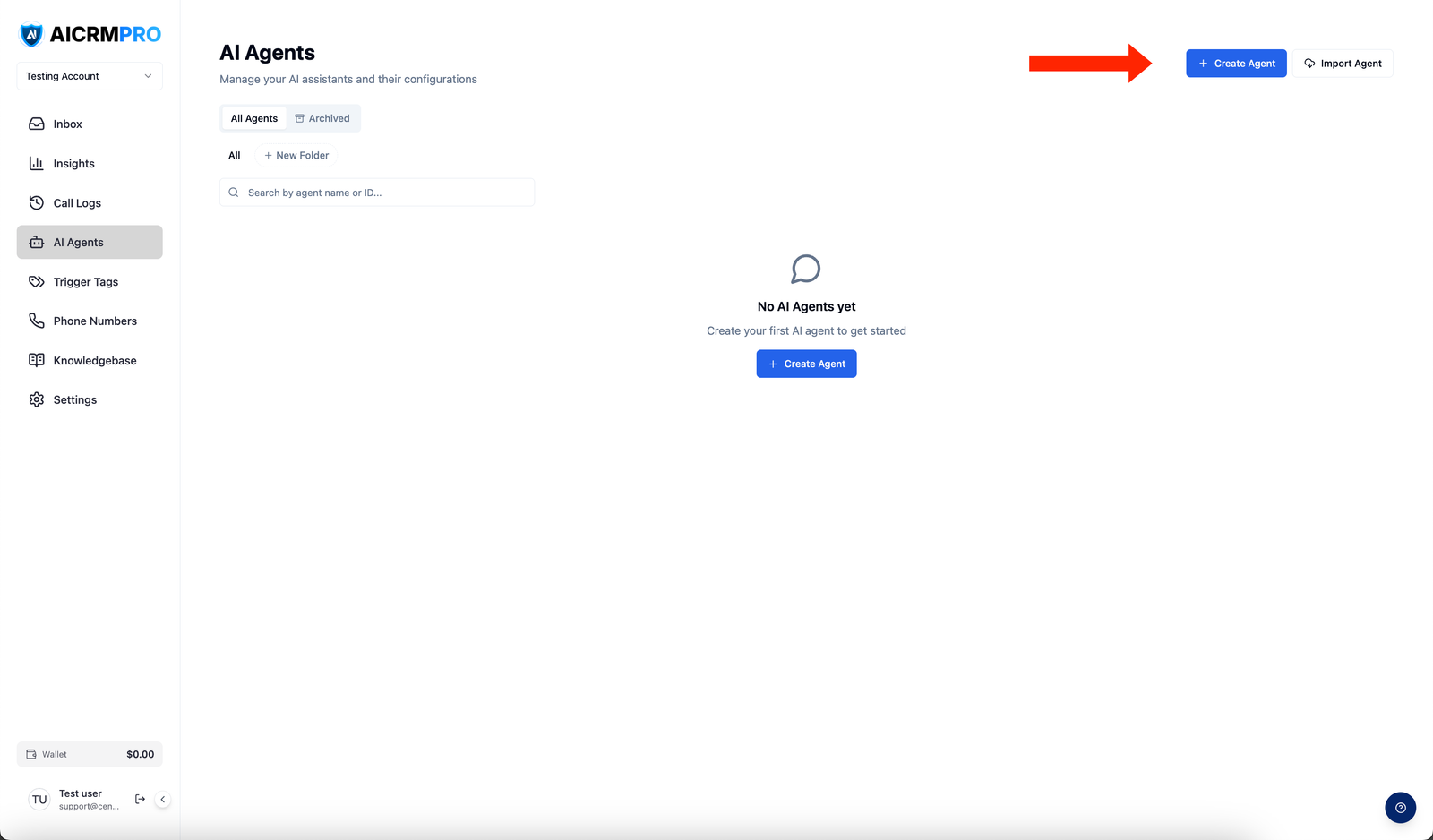 Create Agent button at top right