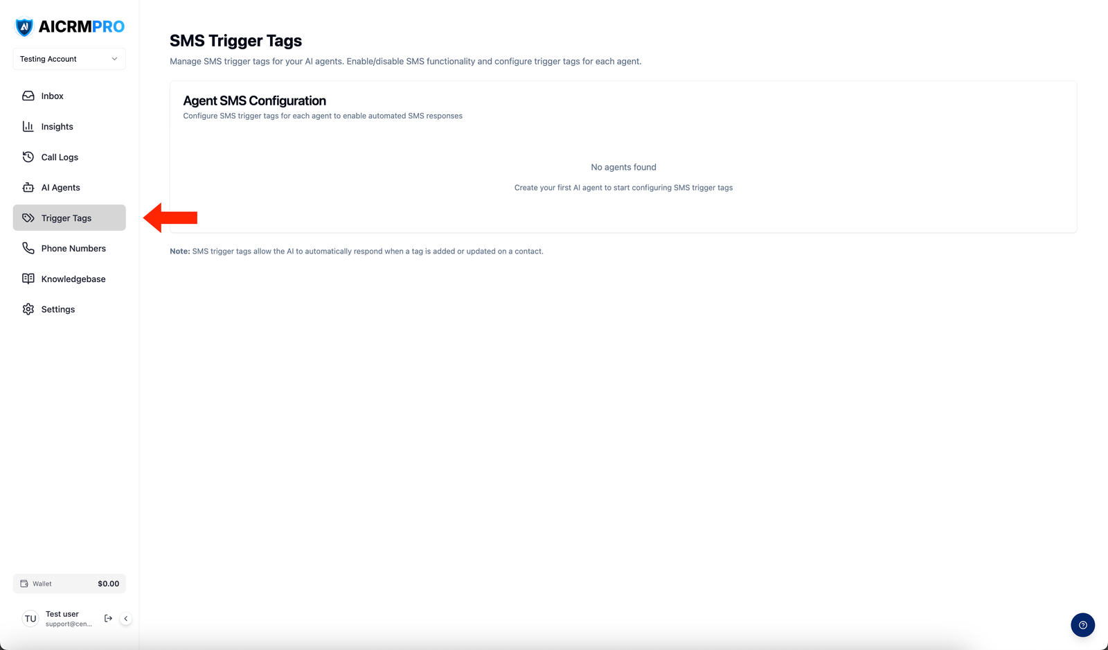 Sidebar with Trigger Tags highlighted