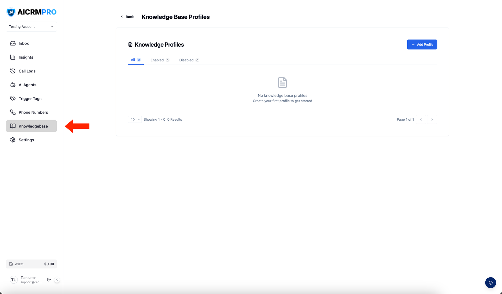 Knowledge Base section highlighted in the sidebar navigation