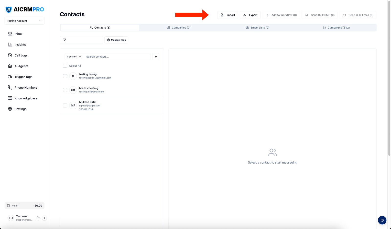 Import button in contacts header