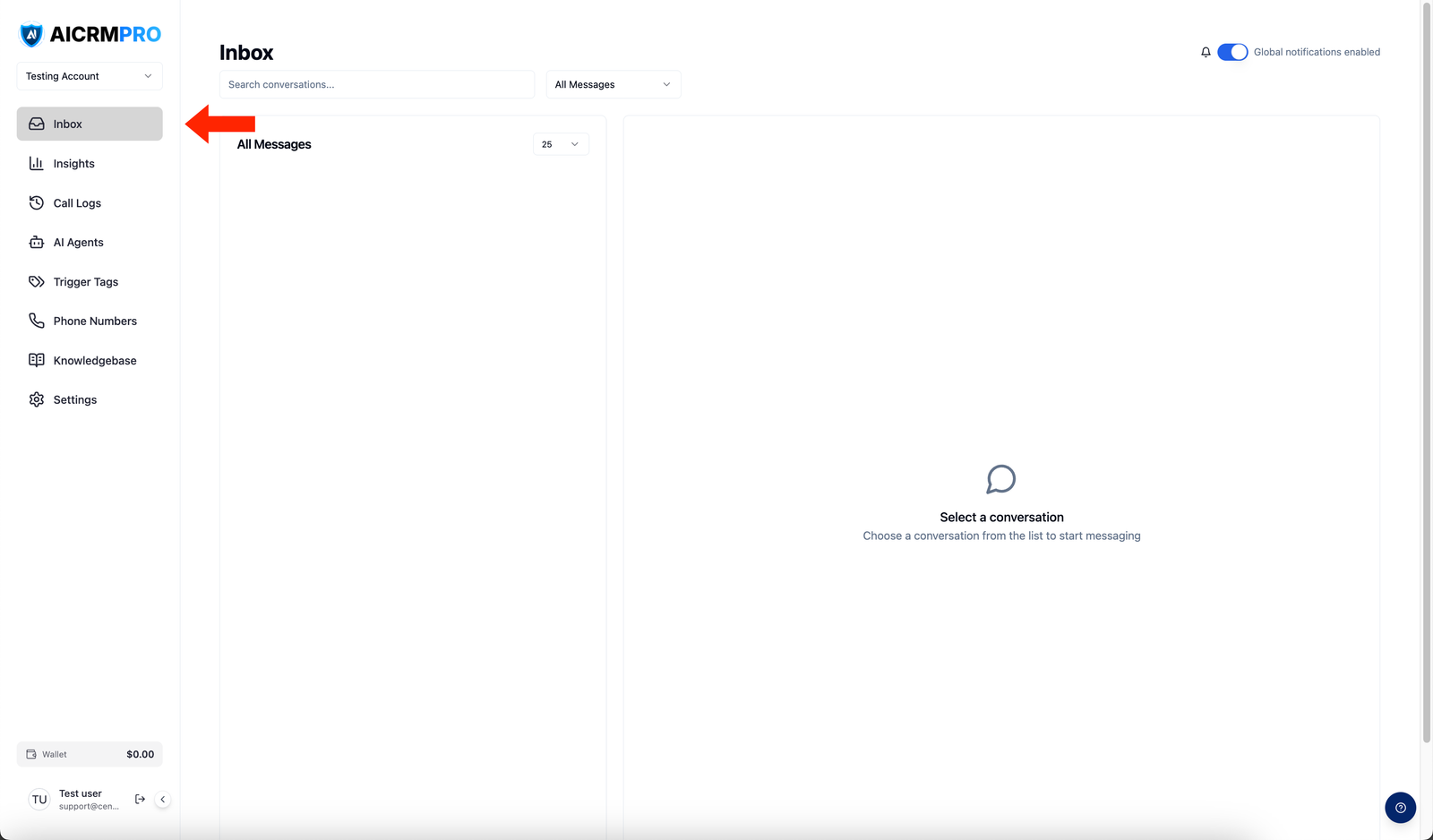Sidebar with Inbox highlighted