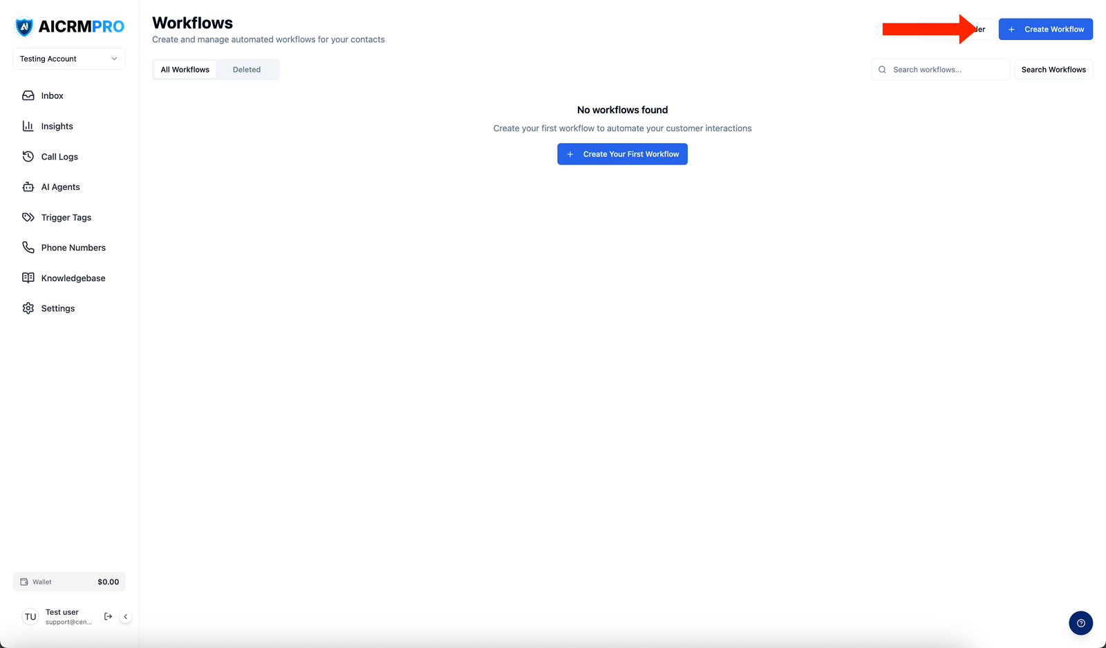 Workflows page with Create button