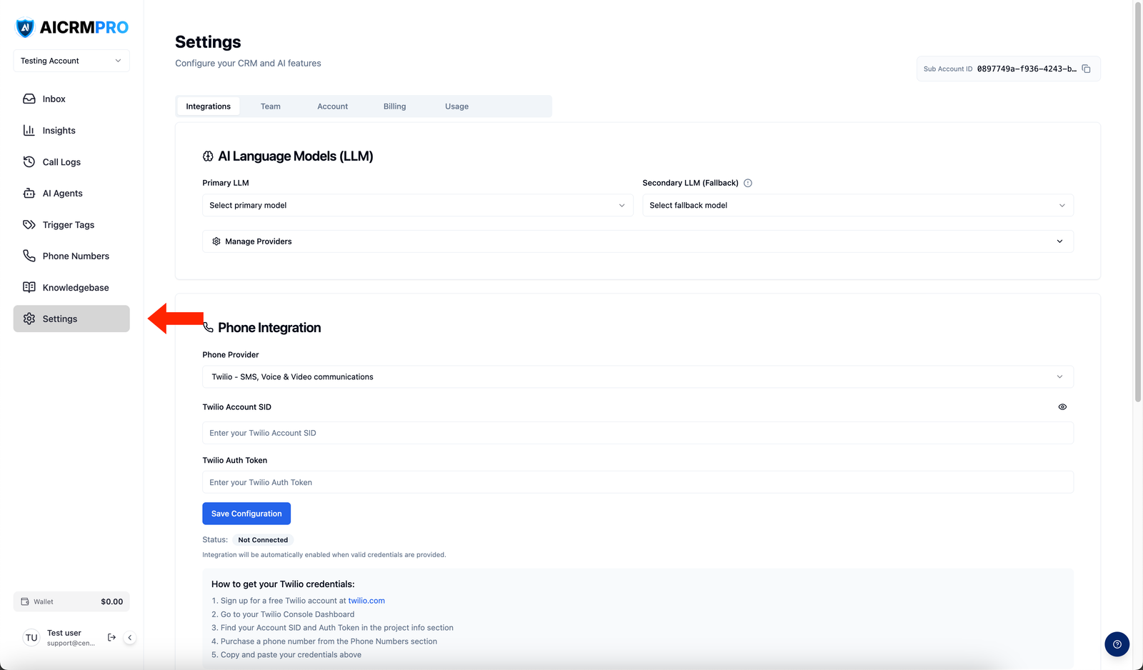 Sidebar with Settings highlighted