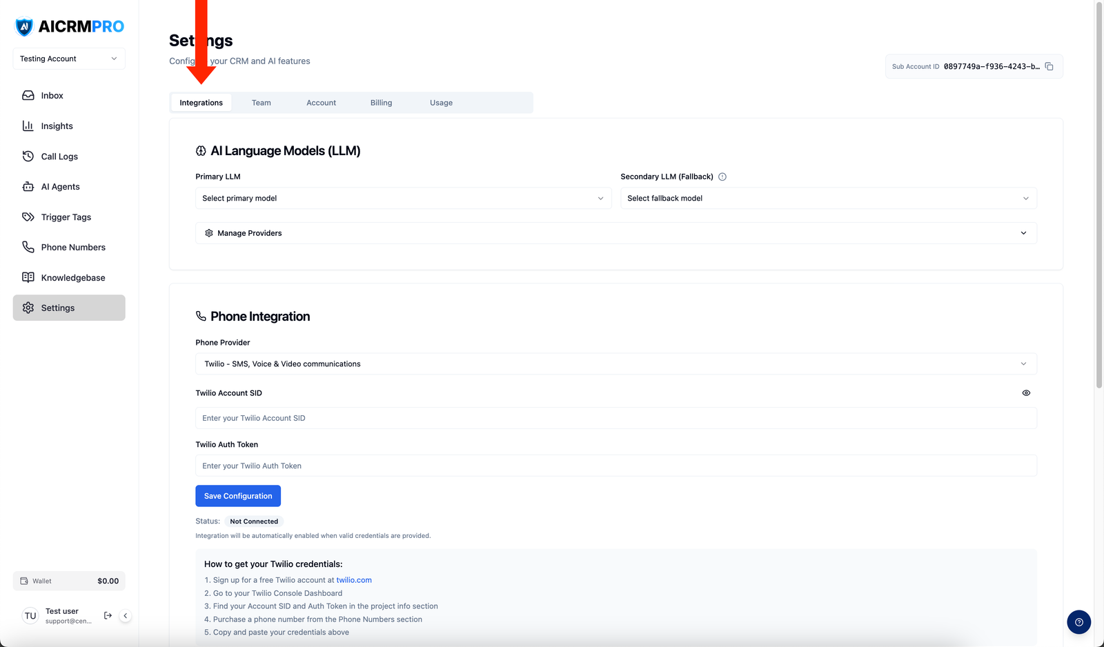 Integrations tab